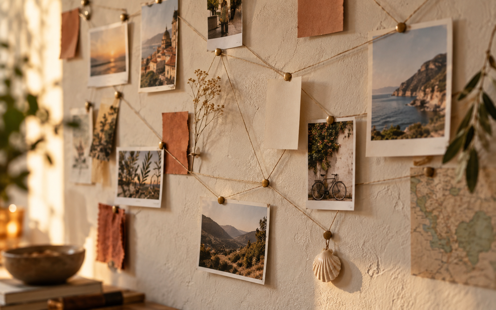 Fotografie e appunti collegati da fili su una parete, metafora delle connessioni autentiche