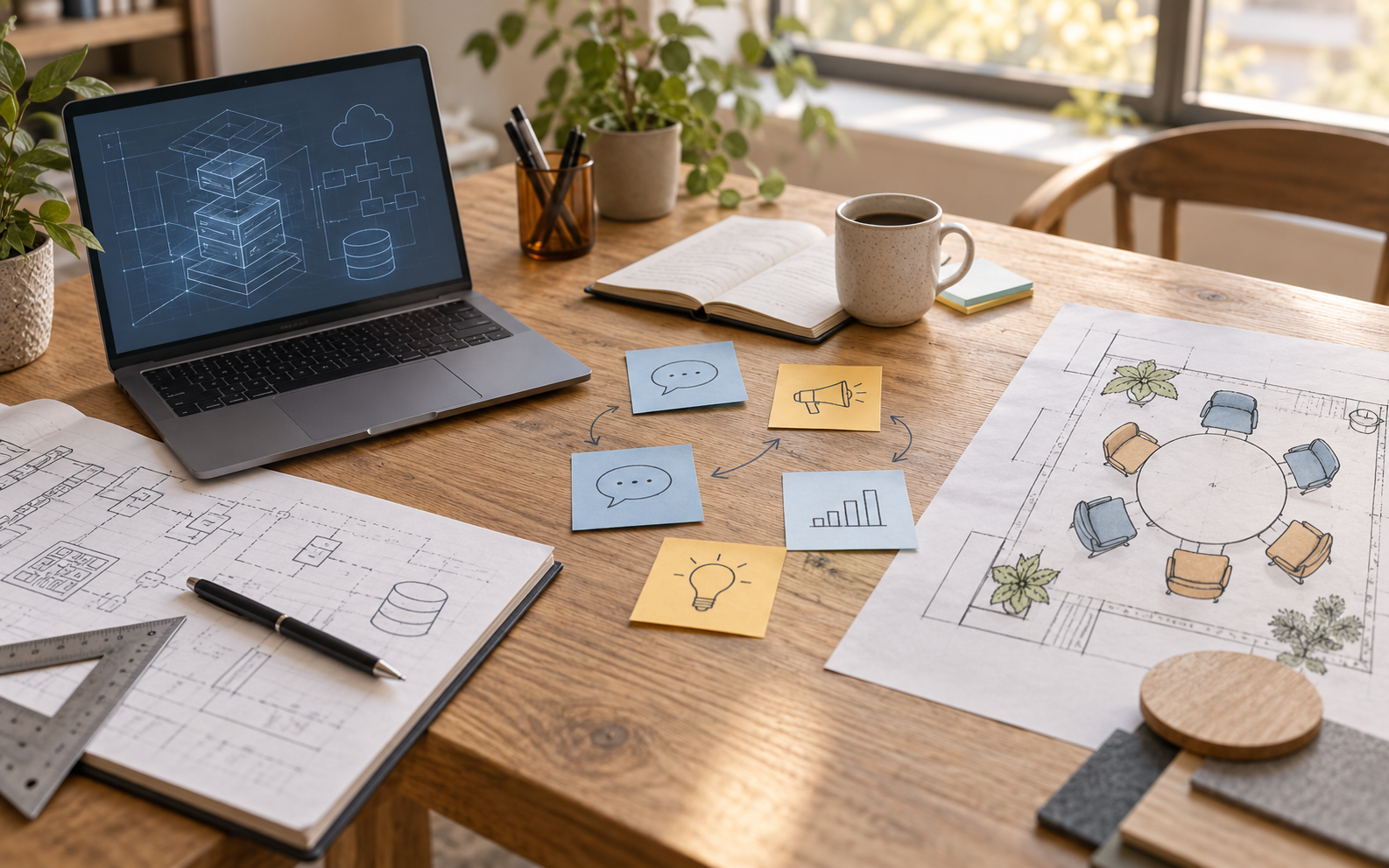 Tavolo di lavoro con computer, schemi tecnici e appunti di comunicazione