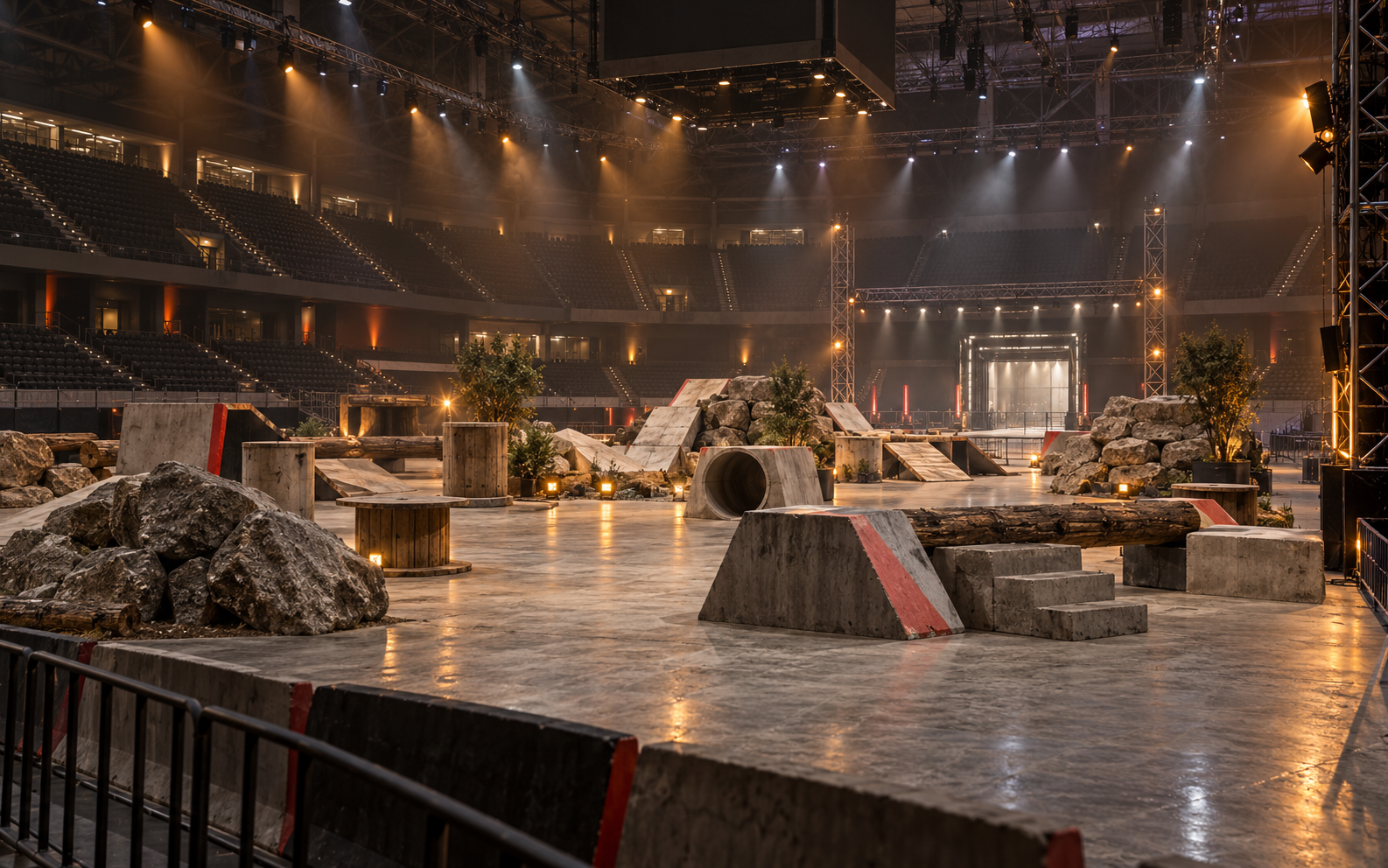 Arena allestita con ostacoli da trial prima dell'arrivo della community
