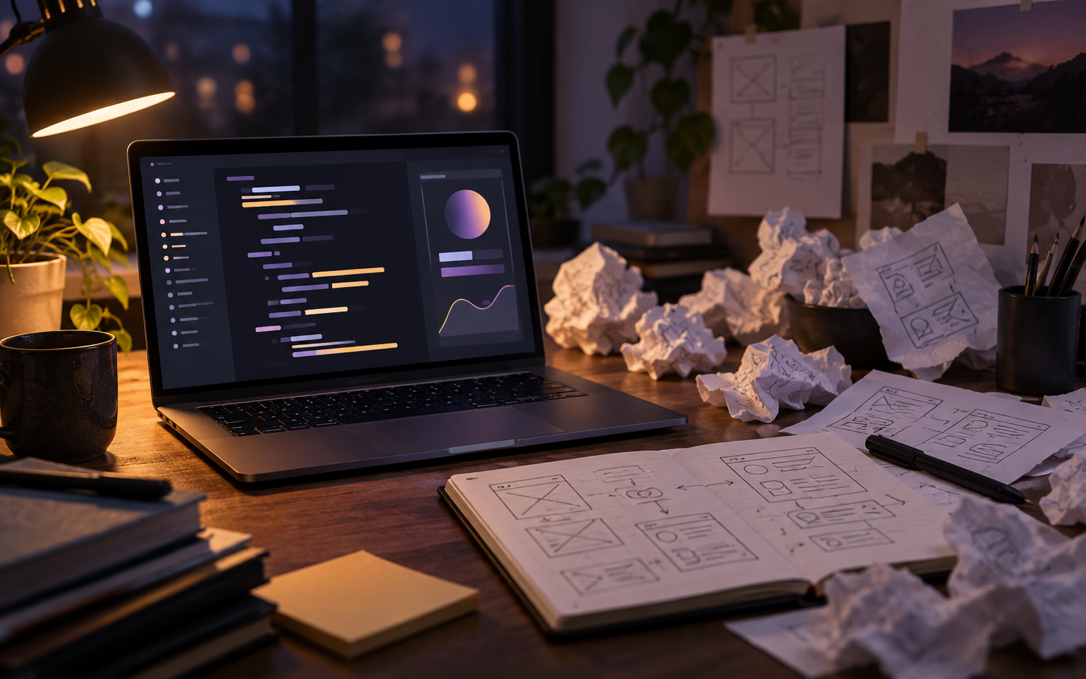 Computer con prototipo digitale, schizzi e fogli accartocciati durante iterazioni di vibe coding